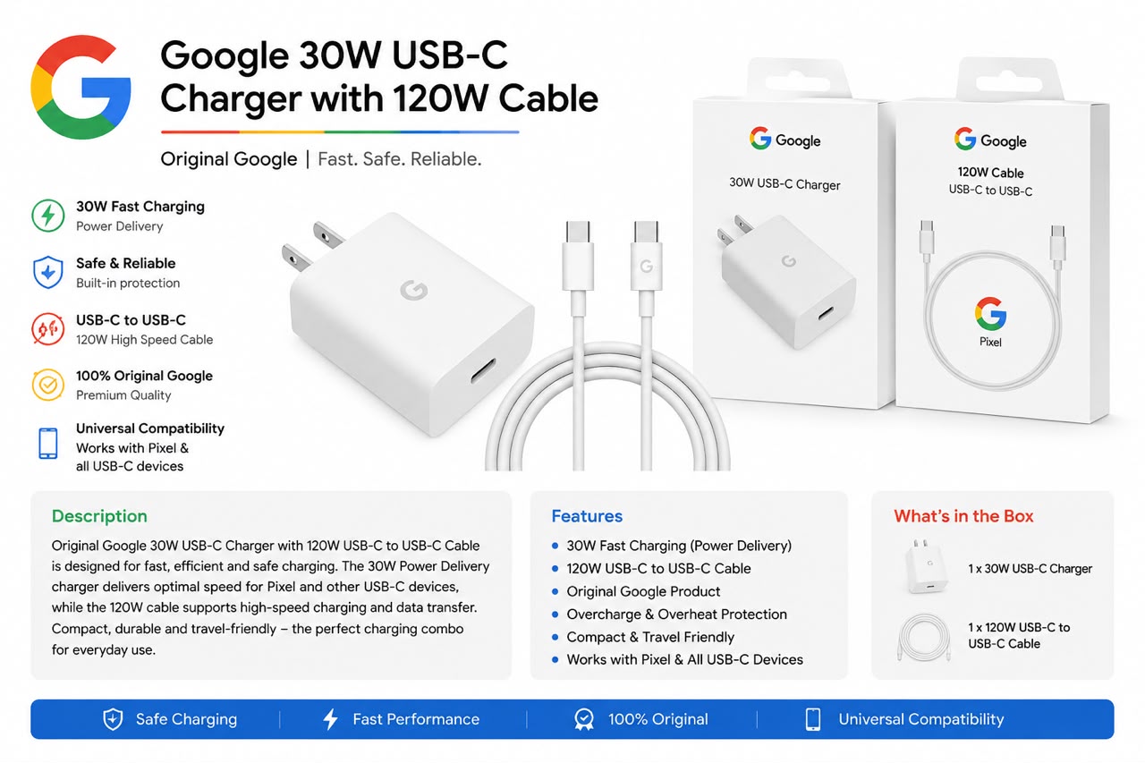 Google 30W USB-C Charger with 120W USB-C to USB-C Cable