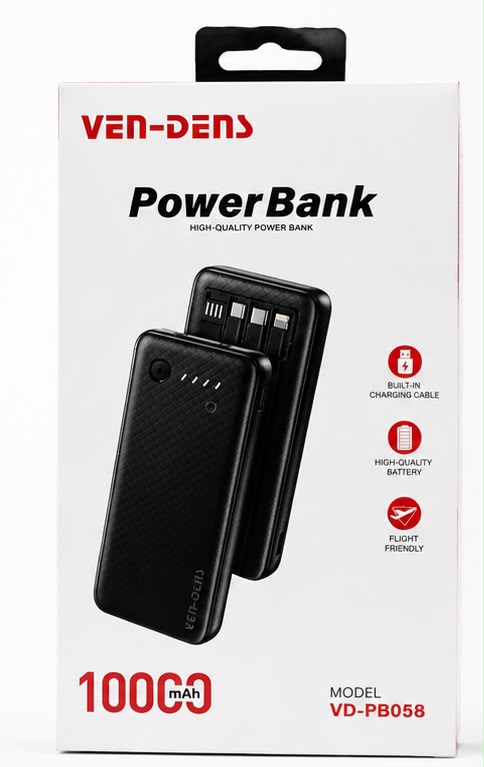 VEN-DENS VD-PB058 10000mAh Power Bank – Built-in Cables | Fast Charging