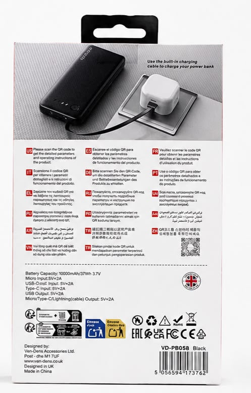 VEN-DENS VD-PB058 10000mAh Power Bank – Built-in Cables | Fast Charging